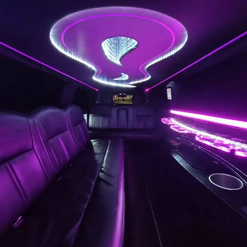 Lux Line Transportation's white lincoln limousines that hold up to 8 passengers with it's pink LEDs lit up in the interior and has black leather seating and a bar