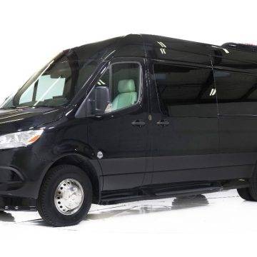 2023 black Mercedes Sprinter with chrome wheels owned by Lux Line Transportation