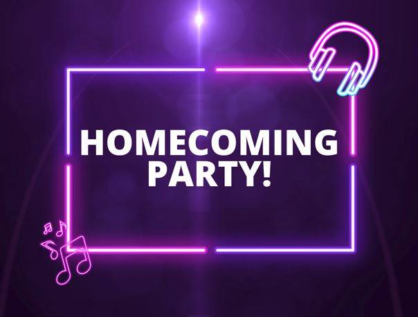 Homecoming party sign made out of neon lights